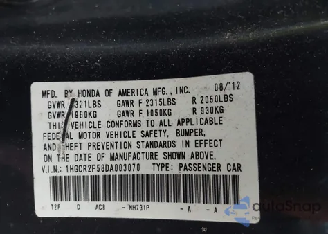 2013 Honda Accord Sport from USA, damaged, VIN 1HGCR2F58DA003070